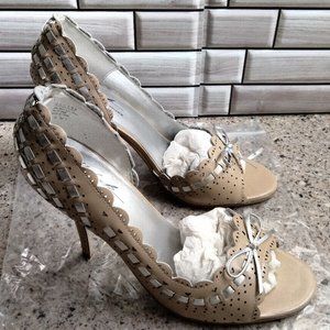 New 100% Leather Tan & Silver Leather Scalloped Edge Open Toe Heel